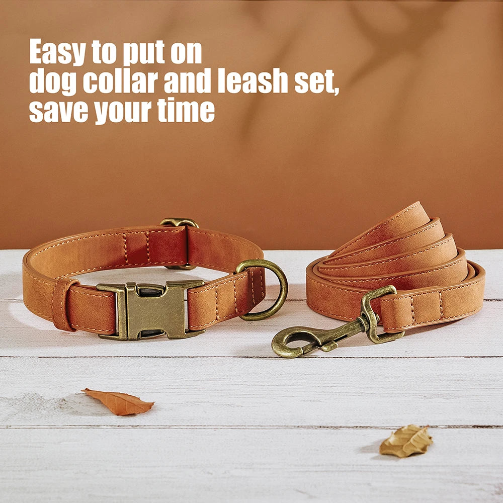 Adjustable PU Leather Dog Collar & Leash Set