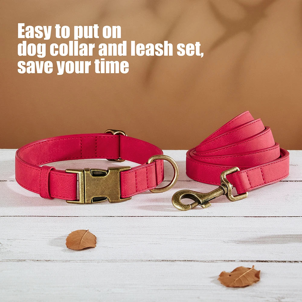 Adjustable PU Leather Dog Collar & Leash Set